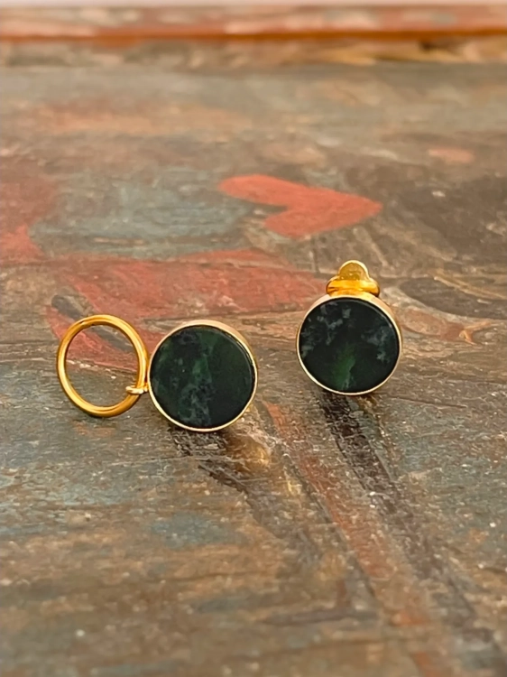 Asymmetrical clip-on earrings with Polish nephrite jade, close-up