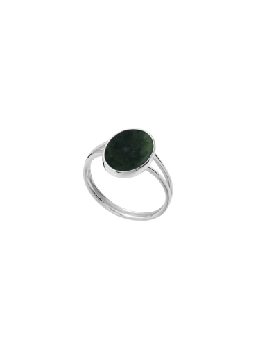 Silver ring with an oval green nephrite stone crafted in the Tricity studio.