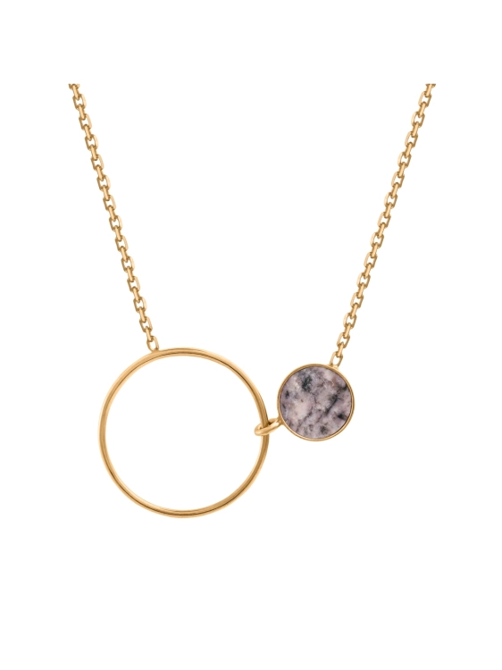 Gold minimalist necklace with pink stone circle pendant