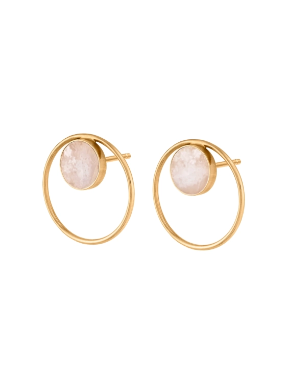 Round gold earrings with milky white opal stone