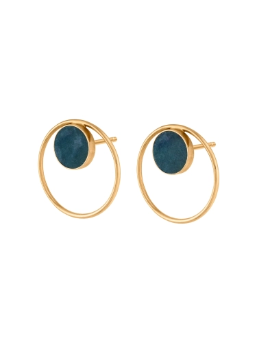 Gold hoop earrings with green nephrite stone in sterling silver 925 gold plated