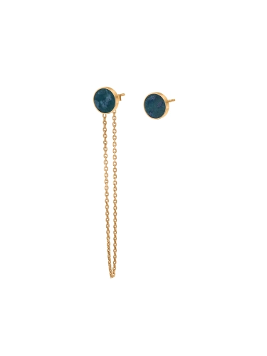 Asymmetric gold stud and chain earrings set with natural green nephrite
