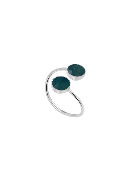Spiral ring with two green stones made of silver